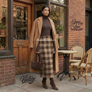 Vintage Wool Blend Midi Skirt – Camel & Espresso Buffalo Check with Leather Trim